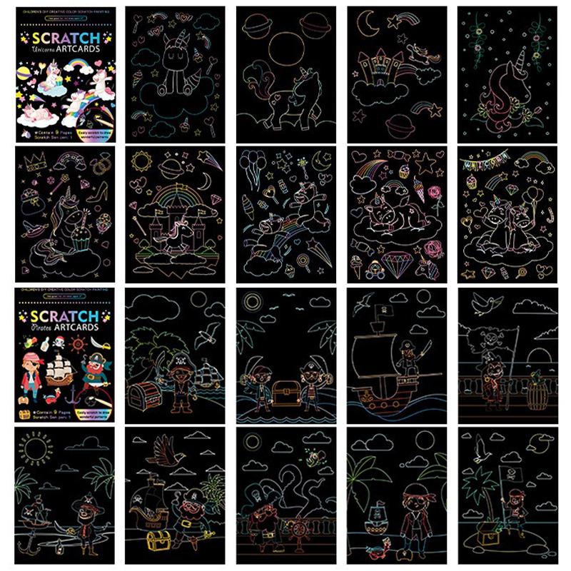 18 PCS Scratch Painting Papers Magic Rainbow Colored Drawing Set Space Animal Ocean Pirate Bamboo Stick Gifts for Boys Girls ZYF