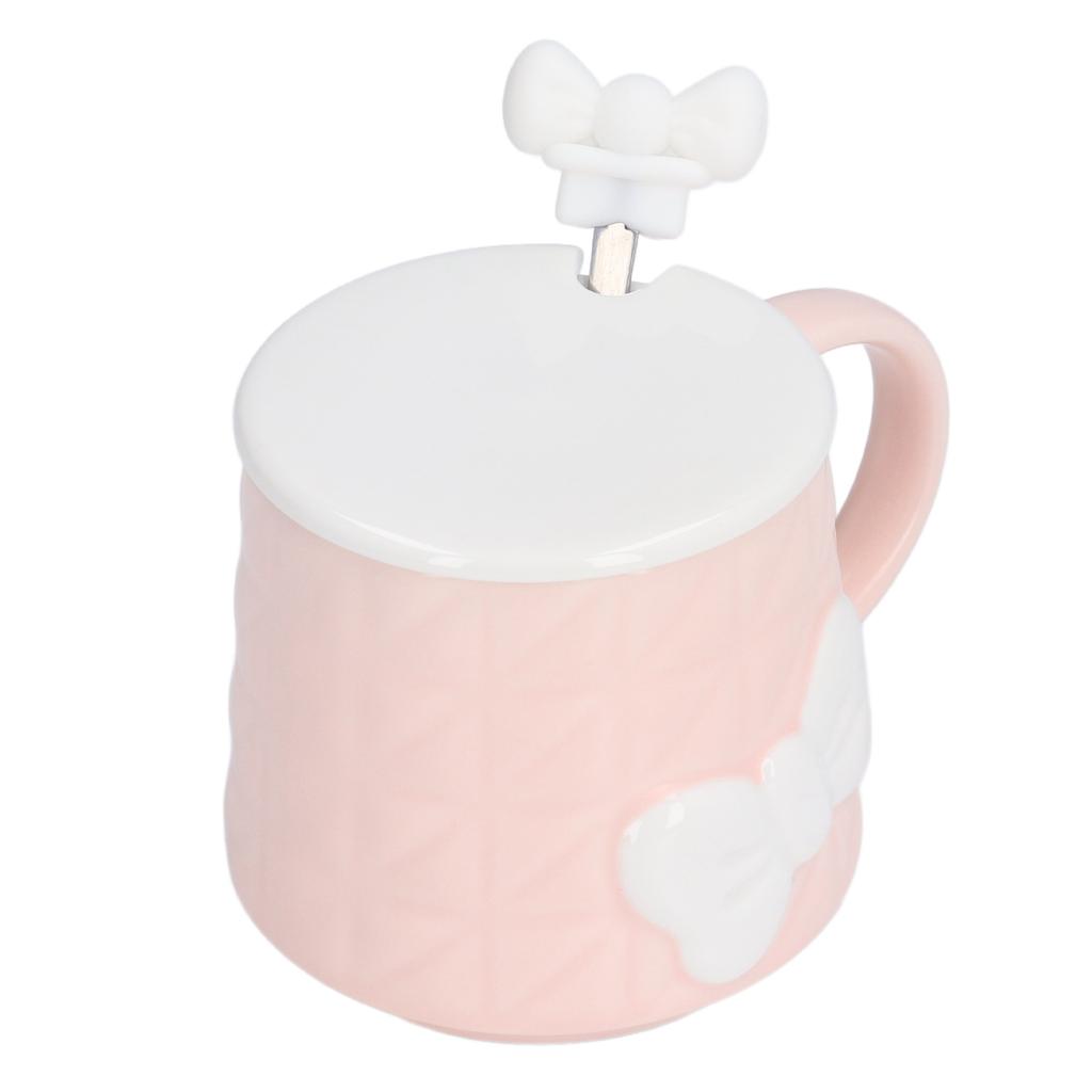 400ml Cute Bowknot Ceramic Tea Milk Water Cup Coffee Mug with Lid Stainless Steel Spoon for Home Holiday Gifts