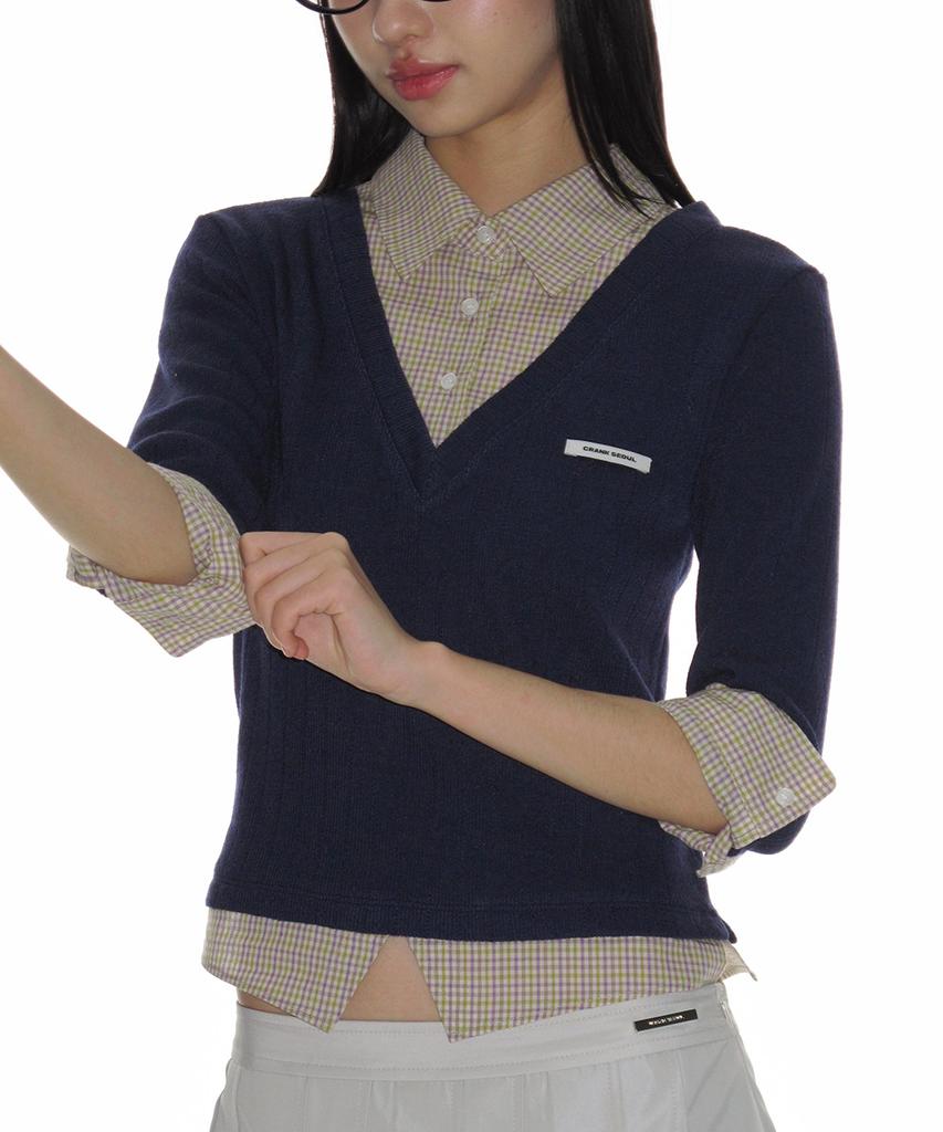 CRANK Knit Layered Check Shirt_Navy