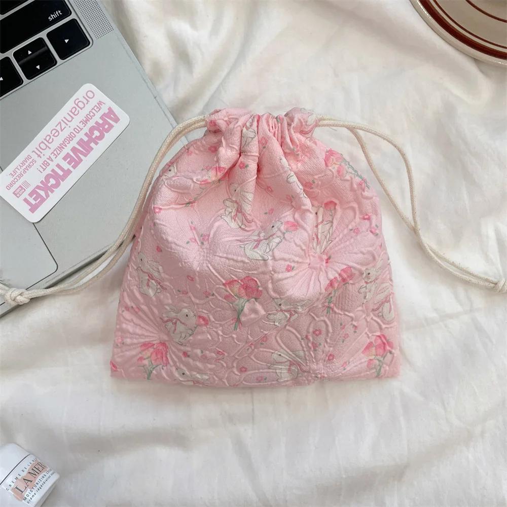 Cute Cartoon Bear Ladies Mini Drawstring Bags Retro Flower Women's Cosmetic Storage Bag Portable Sweet Female Coin Purse Handbag
