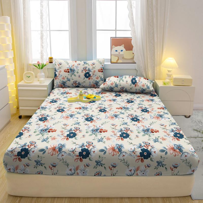 1 Simple Modern Plant Flower Printed Matte Fitted Sheet, Bedroom Printed Bed Cover, Bedding (Excluding Pillowcases)
