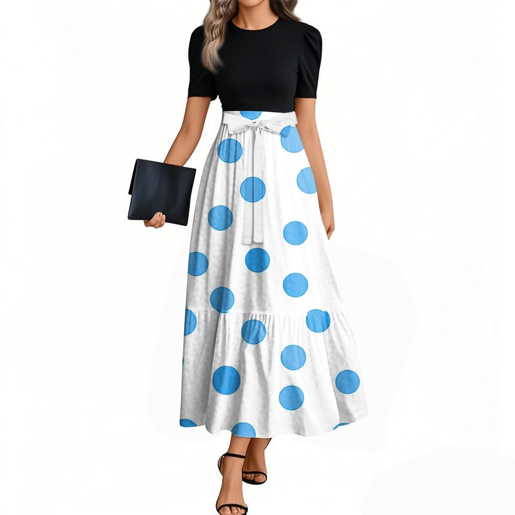 Damenmode Lässiger Gürtel Kurzarm Rundhals Retro Gepunktet Gedruckt Spleißen Elegantes Temperament Kleid