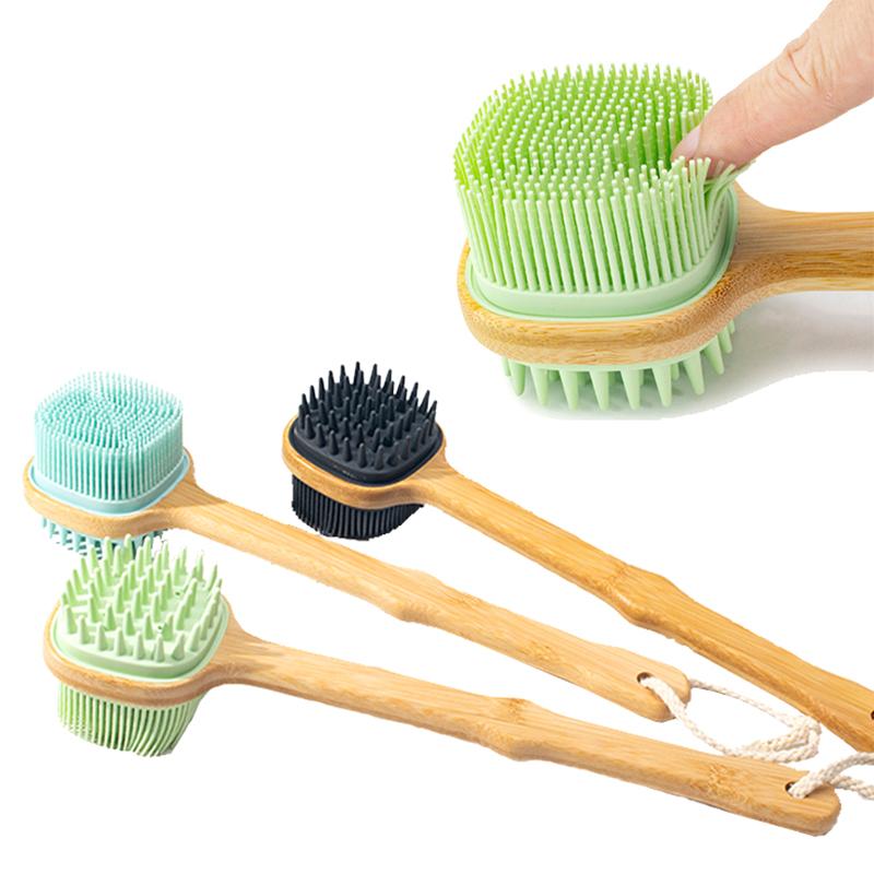 1Pc Silicone Brush Head Back Scrubber Shower Brush With Long Wooden Handle Dry Skin Exfoliating Body Massage Cleaning Tool