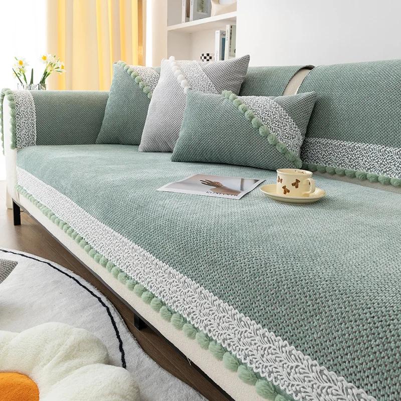 White Delicate Lace Hydrangeas Sofa Covers Towel Soft Chenille Couch Cover For Living Room Bay Window Pad L-shaped Sofa Decor