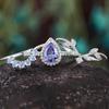 European and American new fashionable blue water drop-shaped gemstone inlaid with personalized luxury women's three-piece ring
