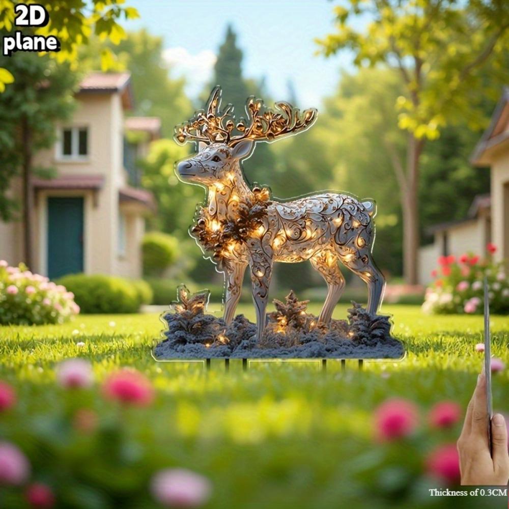 Model plat 2D Ren de Crăciun Pilon de grădină 2D Acrilic plat Decor de exterior pentru terasă, Decorațiune de sărbători Grădină și terasă, Ren Crăciun