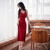 L Sexy temperament neck sling banquet dress dress woman, sleeveless waist split fork solid color hip wrap dress