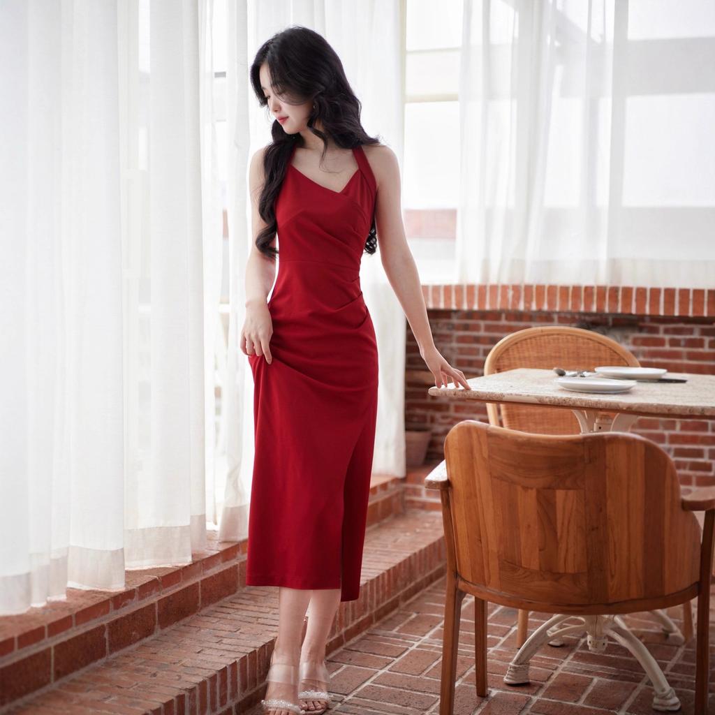 L Sexy temperament neck sling banquet dress dress woman, sleeveless waist split fork solid color hip wrap dress