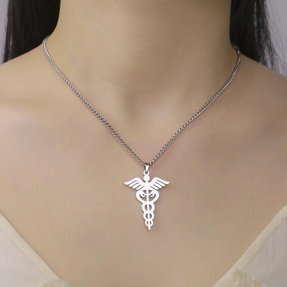 Dawapara Caduceus Necklace Archangel Wings Healing Medical Symbol Pendant Asclepius Protection Amulet Stainless  Steel Jewelry