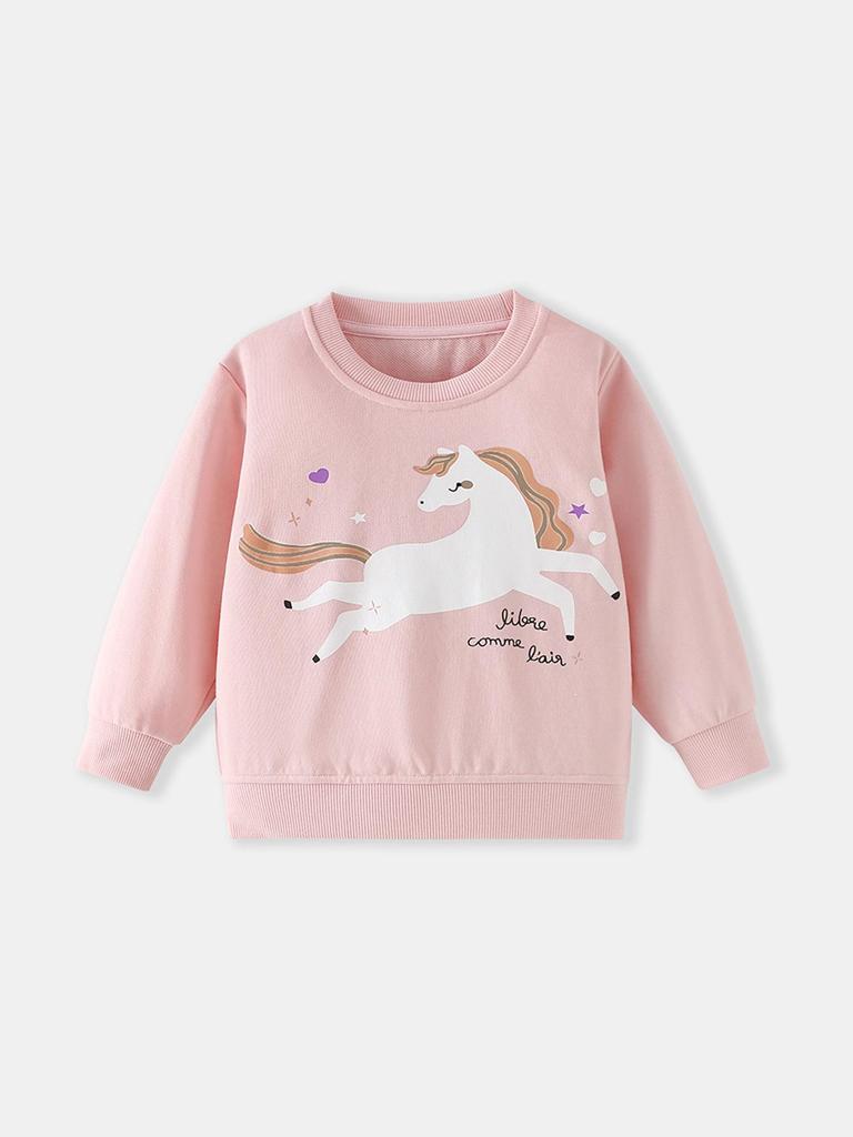 26th Season Autumn/Winter Girls' Cartoon Horse Print Round Neck Sweatshirt - Fashionable Children's Clothing