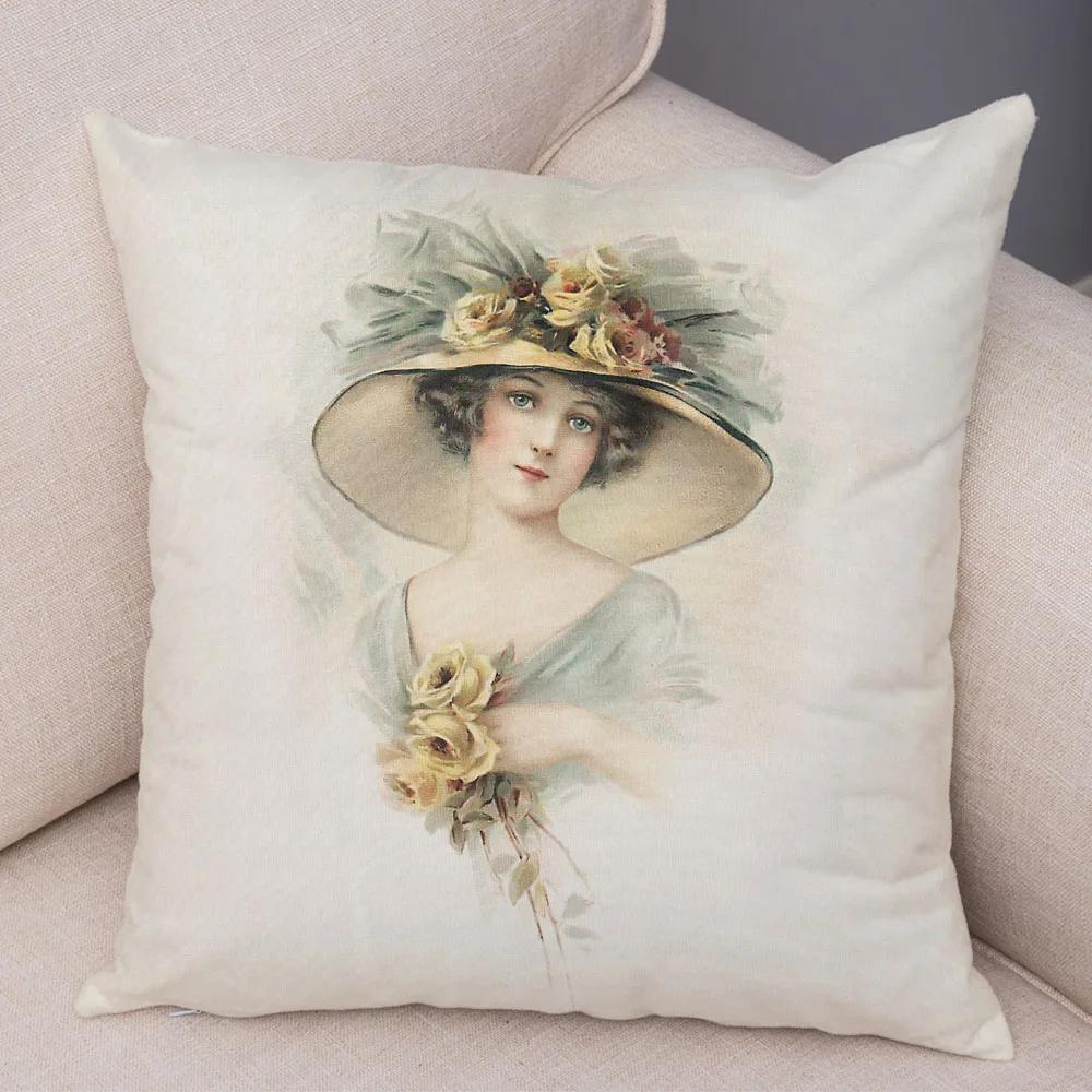 European Lady Cushion Cover Decor Vintage Style Elegant Women Print Pillowcase for Sofa Home Car Soft Plush Pillow Case 45x45cm