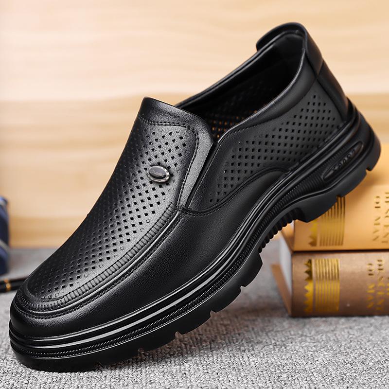 Fashion Men's Business Casual Leather Shoes Thick Sole Round Head New Designer Loafers Male Spring Summer Black Hallow Shoes Man