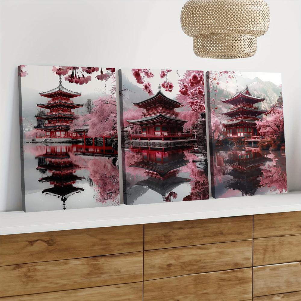 3 Pieces of Japanese Style Antique Red Pagoda Cherry Blossom Decoration Paintings Zen Landscape Canvas Paintings Living Room Ent