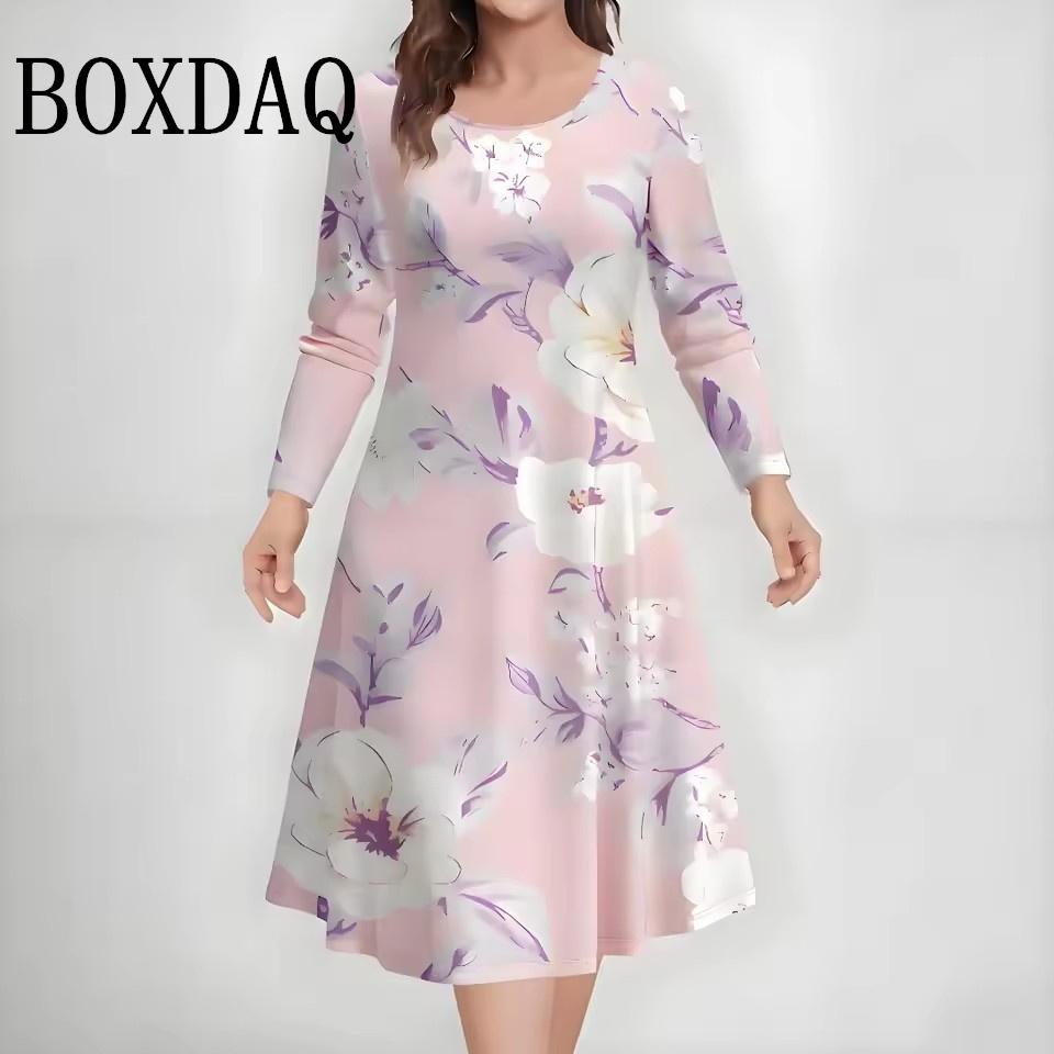 Autumn Winter Women's Print Long Sleeve Dresses Vintage Elegant A-Line Dress 3D Flowers Graphic Casual Plus Size Dress