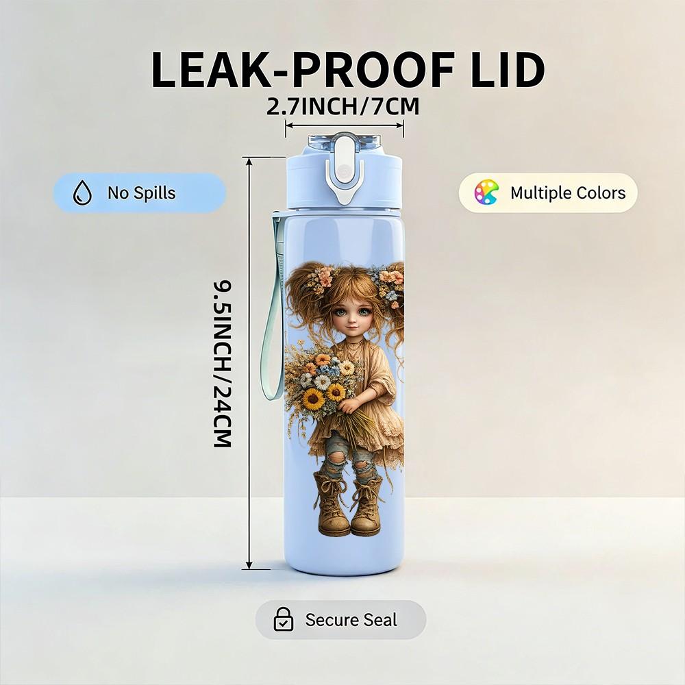 1PC Messy Hair Rag Doll Girl Character Print 750ml Color Plastic Sports Water Bottle Leakproof Flip Straw Lid Suitable for Sports Office Home Use