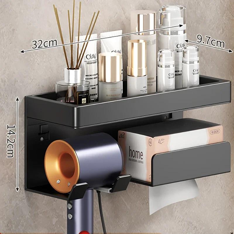 Bathroom Shelf Makeup Storage Organizer Carbon Steel Hair Dryer Holder Bathroom Accessories Wall Shelf with Cup Hook
