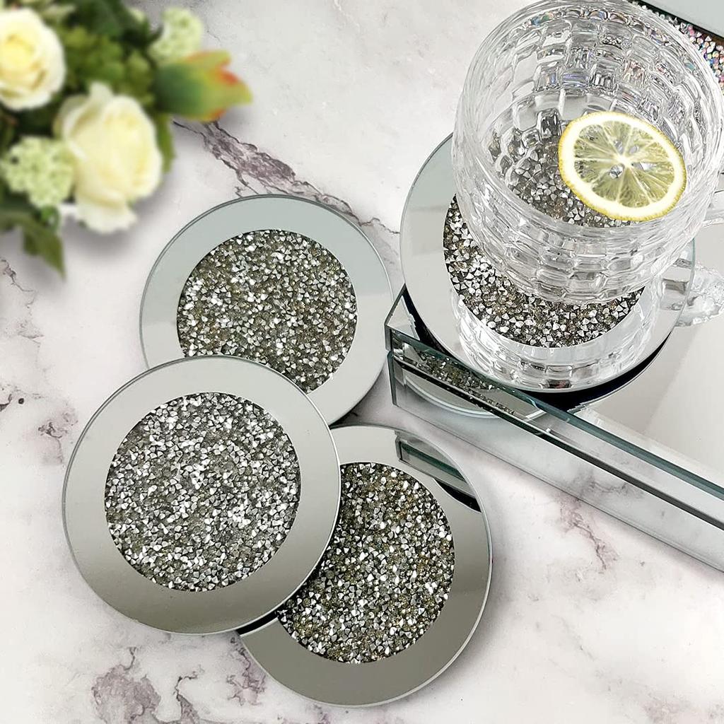 GIMORRTO Glass Mirror Coasters, 4 Pieces, Crushed Diamond Round 4 Inch, Cup Mats, Tabletop Decor, Bar Tools, Dining Table