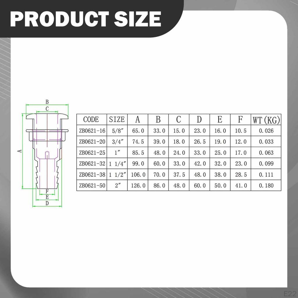 Through-hull Fitting, Deck Drain, Overflow Connection, Suitable for Bilge