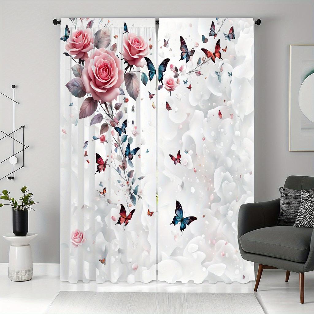2PC Pink & Blue Rose Butterfly Sheer Curtains – HD Digital Print   Pocket Rod Top for Living Room & Bedroom – Home Decor Set