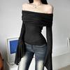 Fashion New Solid Slim Fit Off Shoulder T-shirt Women Sexy Backless Flare Long Sleeve Tshirts Woman Street Y2K Elegant Casual Lady Tee Shirt 24574