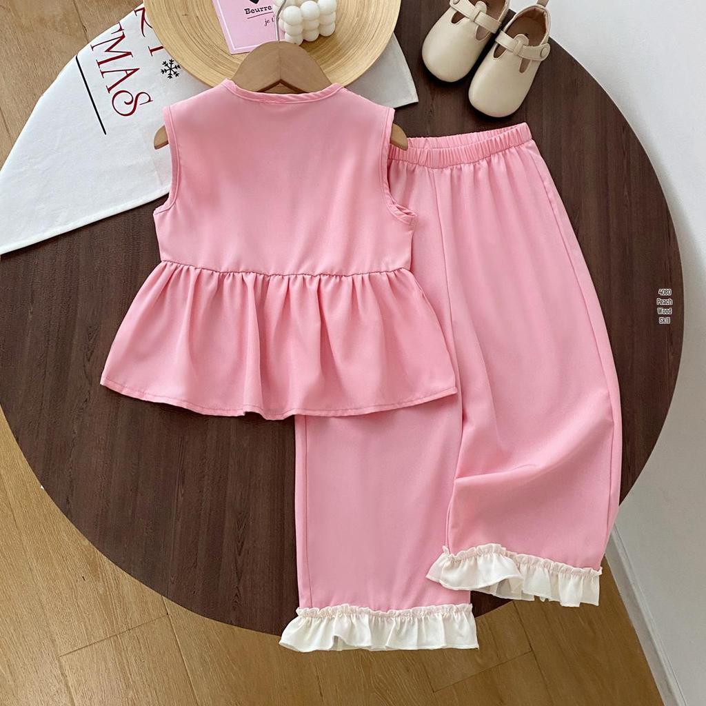 Pink Lace Bow Tank Top & Wide-Leg Pants Summer Set