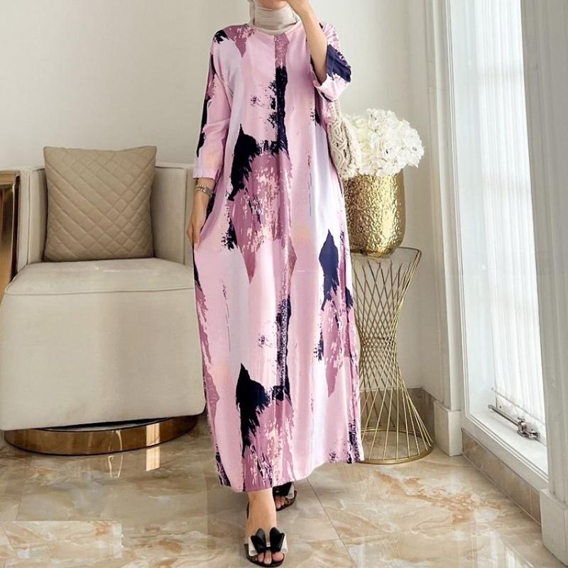 

ZANZEA Women Casual Round Neck 3/4 Sleeve Loose Print Long Dress 5XL розовый