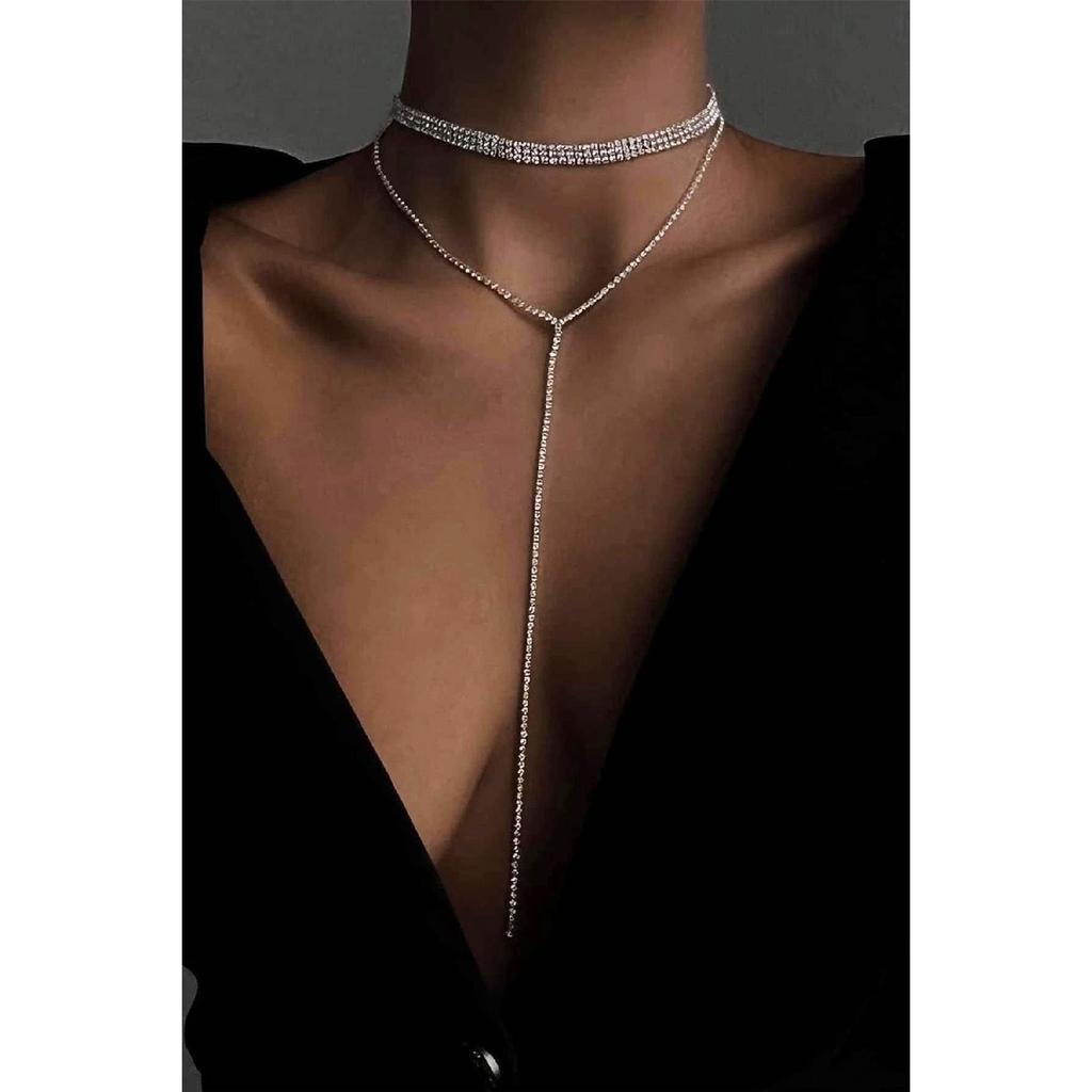 Women's Silver Color Stone Choker Waterway Necklace