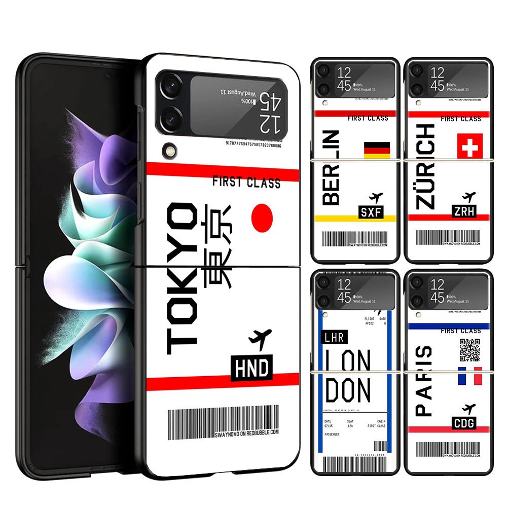 Travel Ticket Label Cover Phone Case For Samsung Galaxy Z Flip 7 6 5 4 3 5G Flip7 Flip6 Flip5 Flip4 Flip3 Black Fundas Shell Gal