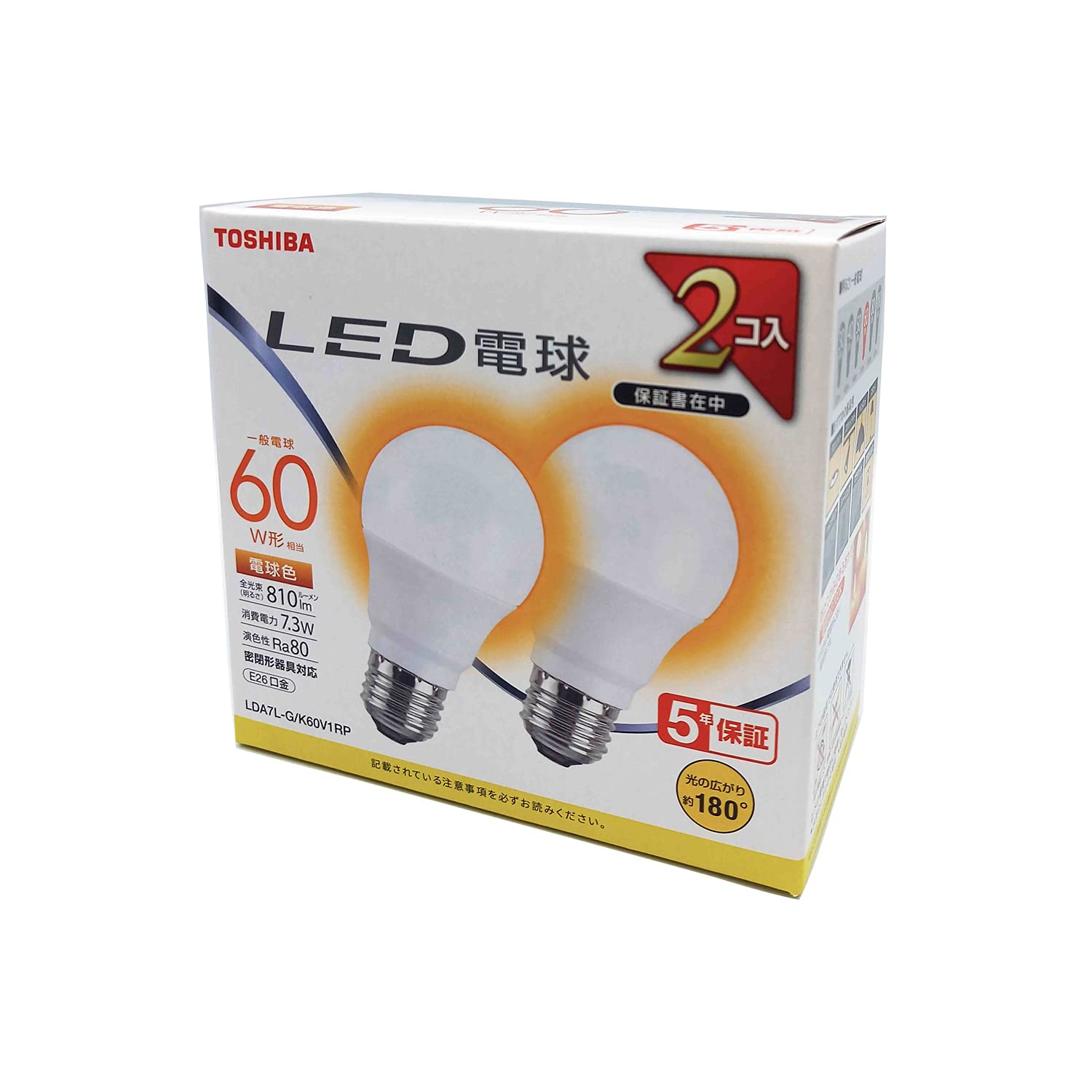 

Toshiba (TOSHIBA) LDA7L-GK60V1RP LED Bulb, 60W Equivalent, Wide Beam, Warm White, E26 Base, 2-Pin, Compatible with Sealed Fixtures