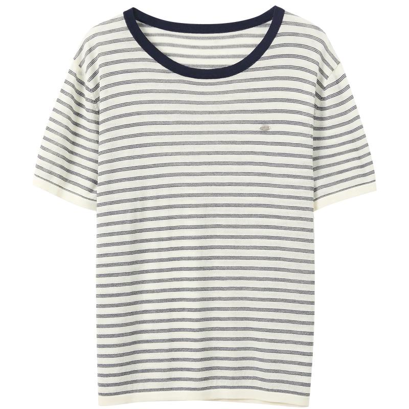 Lyocell Blend Striped Short Sleeve Knit Top S
