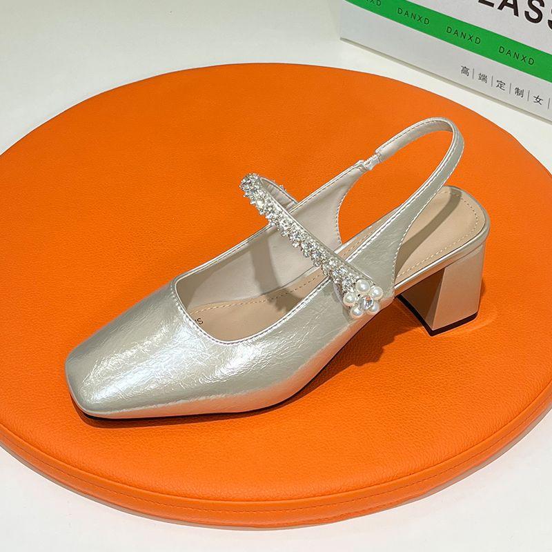 Rhinestone Word with High Heels Baotou Sandals Women's 2025 Summer New Models with Skirts, Absolutely Unique Thick Heels, Empty Shoes