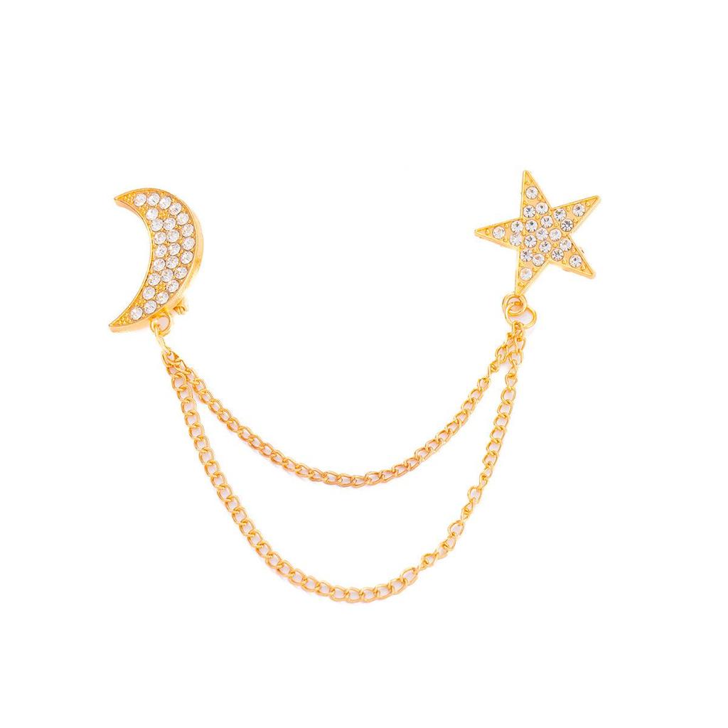 Trendy Rhinestone Moon & Pentagram Brooch for Suits