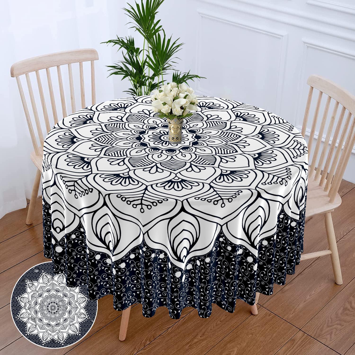

63 Inch Mandala Circular Tablecloth Waterproof Plain Terrace Dining Table Cover With Retro Pattern Tapestry Curtain Head Cover W63inchxL63inch