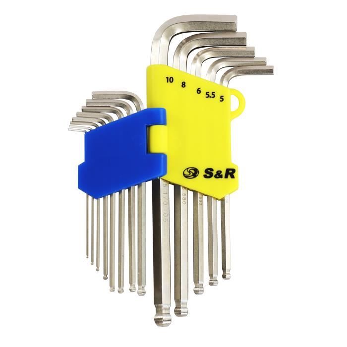S&amp;R Jeu Clés Allen Longues professionnel. Clés six pans mâle 13 pcs. 1,27 à 10 mm avec Sphère pour vélos, motos, voitures, meubles,