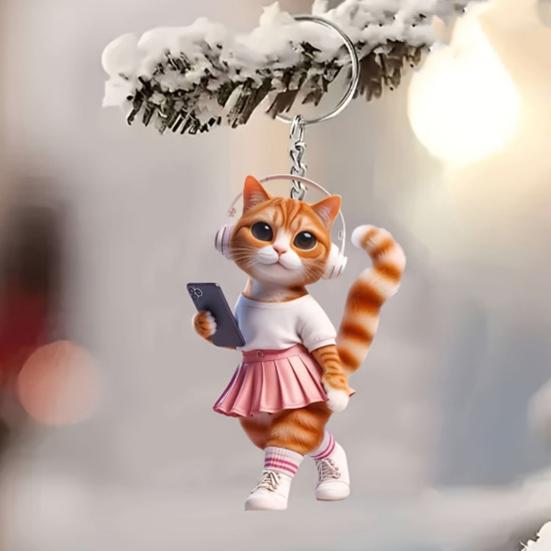 Cat Car Rearview Mirror Hanging Ornament Acrylic Material Bright Color Keychain Pendant Christmas Tree