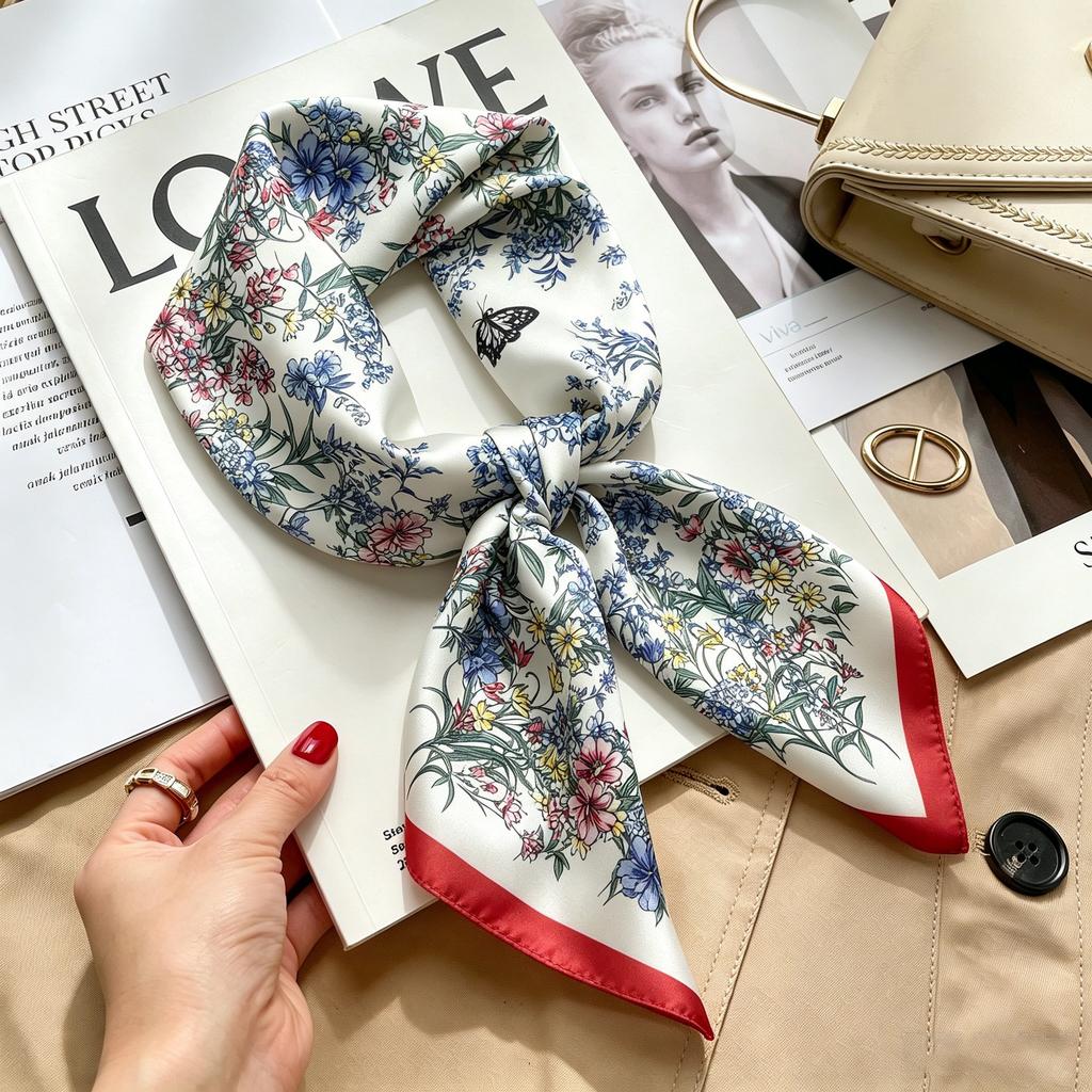 Commuter elegant flower silk scarf women's contrasting color retro printing satin scarf shirt with multi-purpose decorative small scarf