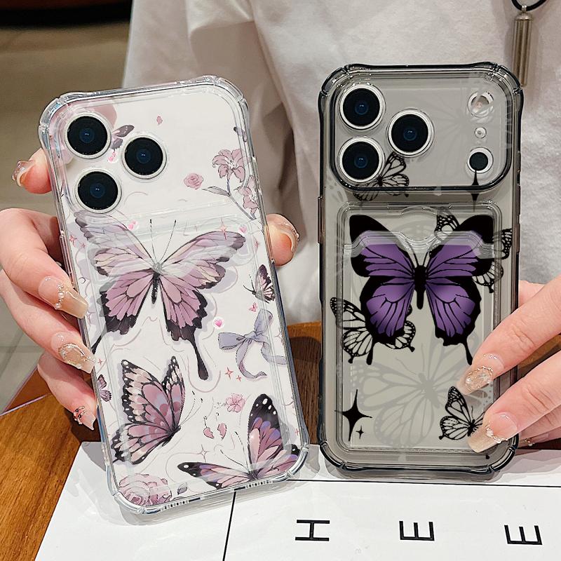 Purple Butterfly Pattern Clear Phone Case For iPhone 17 16 15 14 13 Pro Max 17 Pro Air 17e 16e 11 Shockproof Soft Card Bag Cover