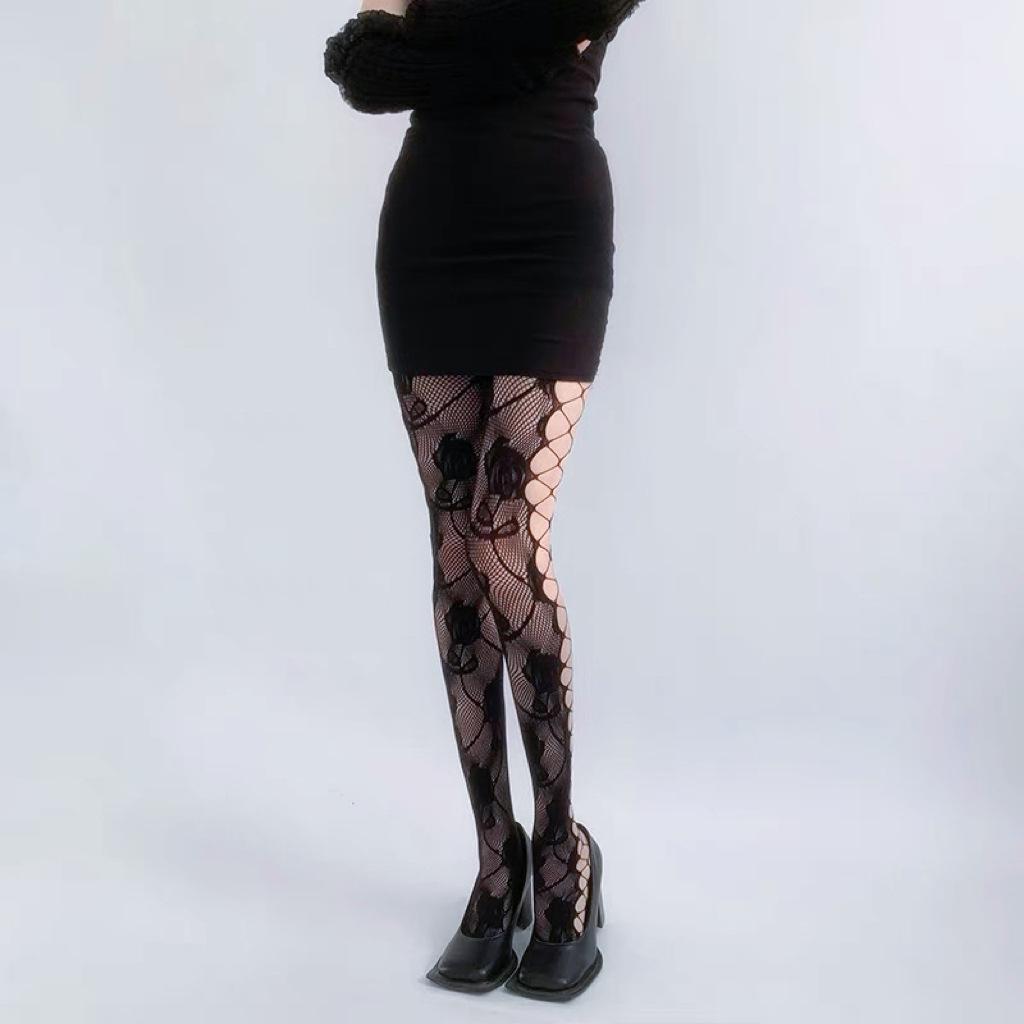 

jk Hot girl side cutout rose jacquard sexy fishnet stockings for women, nightclub black stockings y2k Sexy fishnet stockings Average Size