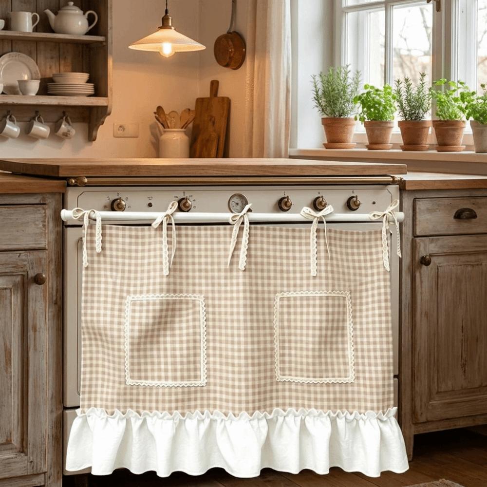 Ruffled Trim Oven Cover Curtain Gingham Plaid Cabinet Curtain Oven Door