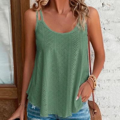 Women Summer Vest Round Neck Sleeveless Hollow Out Double Straps Loose Daily Wear Solid Color Shirring Women Summer Top Female Clothes