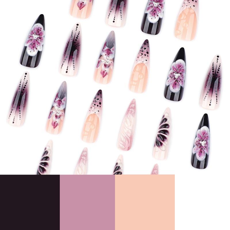 European and American Foreign Trade 3D Floral Press On Nails, Long Almond French Style. Hot-selling Finished False Nails for Wholesale.
