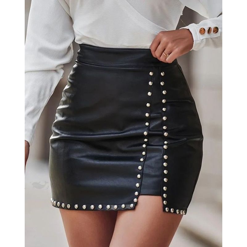 

Fashion Women s Dress Nightclub Inserted Beads Mini PU Leather Sheath Slim fit Zip-up Sexy Fake Split Design Short dress Skirt Black 2XL