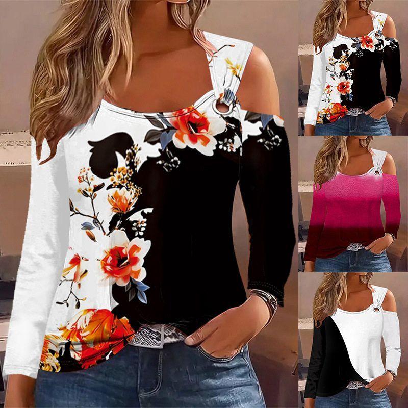 Fall and Winter European and American Amazon Temu Independent Station Cross-Border New Arrival Casual V-neck Metal Buckle Long Sleeves Print T-shirt