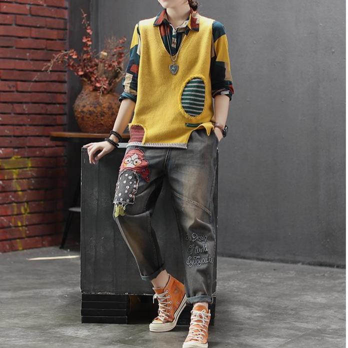 Autumn Winter Women's Loose Knitted Vest Sleeveless Vest Literary Color-block V-neck Pullover Knit Waistcoat