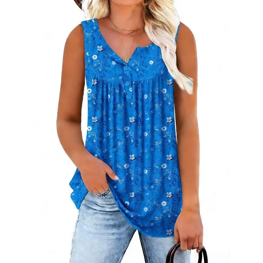 Canotta da donna senza maniche con scollo Henley floreale, vestibilità regolare, stile casual, camicetta estiva