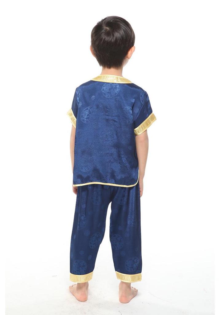 Red Double Dragon Embroidered Tang Suit Set - Boys' Short Sleeve Summer Wear