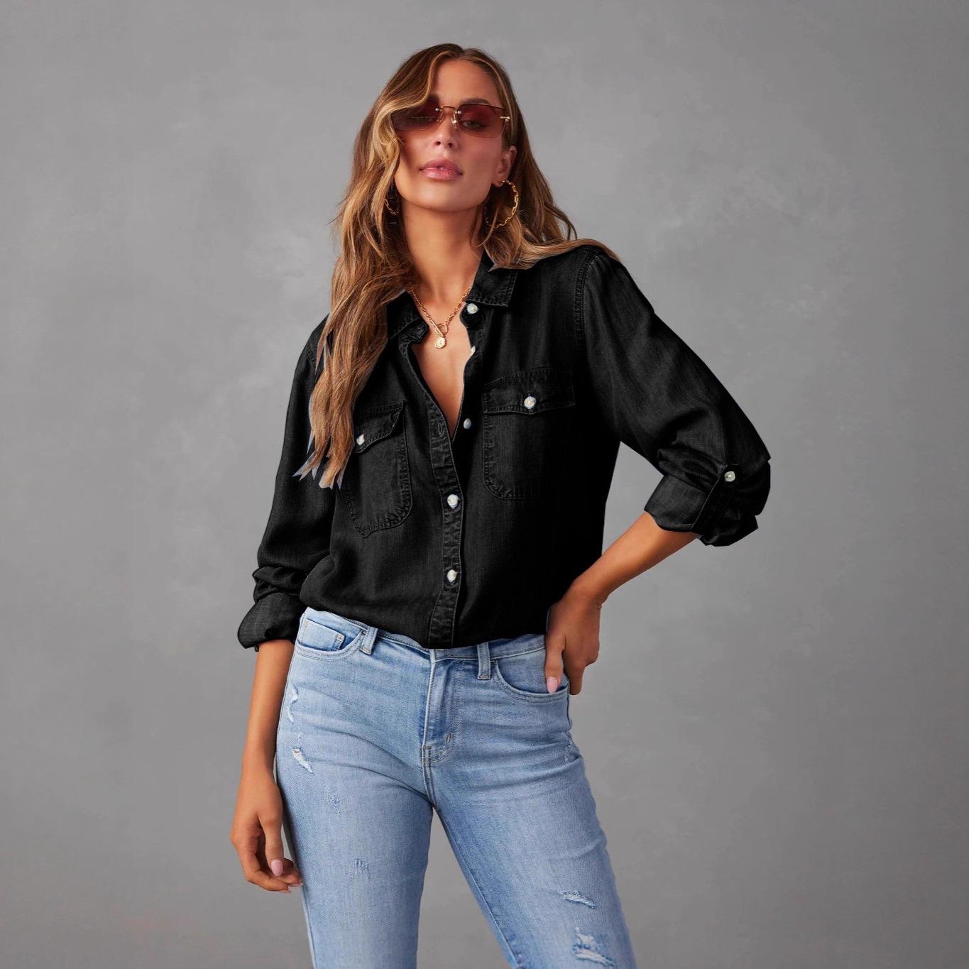 

2026 Women s Autumn Casual Denim Shirt - European & American Style, Long-Sleeved, Single-Breasted, Lapel Design M чёрный