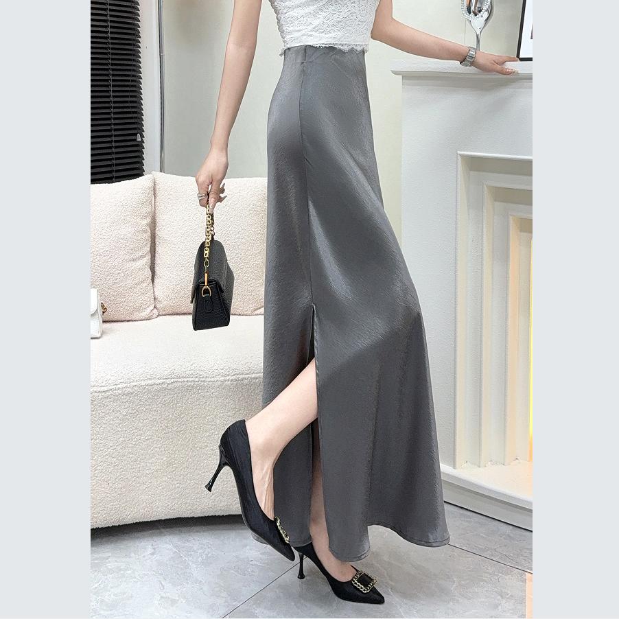 

Элегантная атласная юбка-русалка с жемчужным блеском, с завышенной талией, длинная, модная, стройнящая XL серый