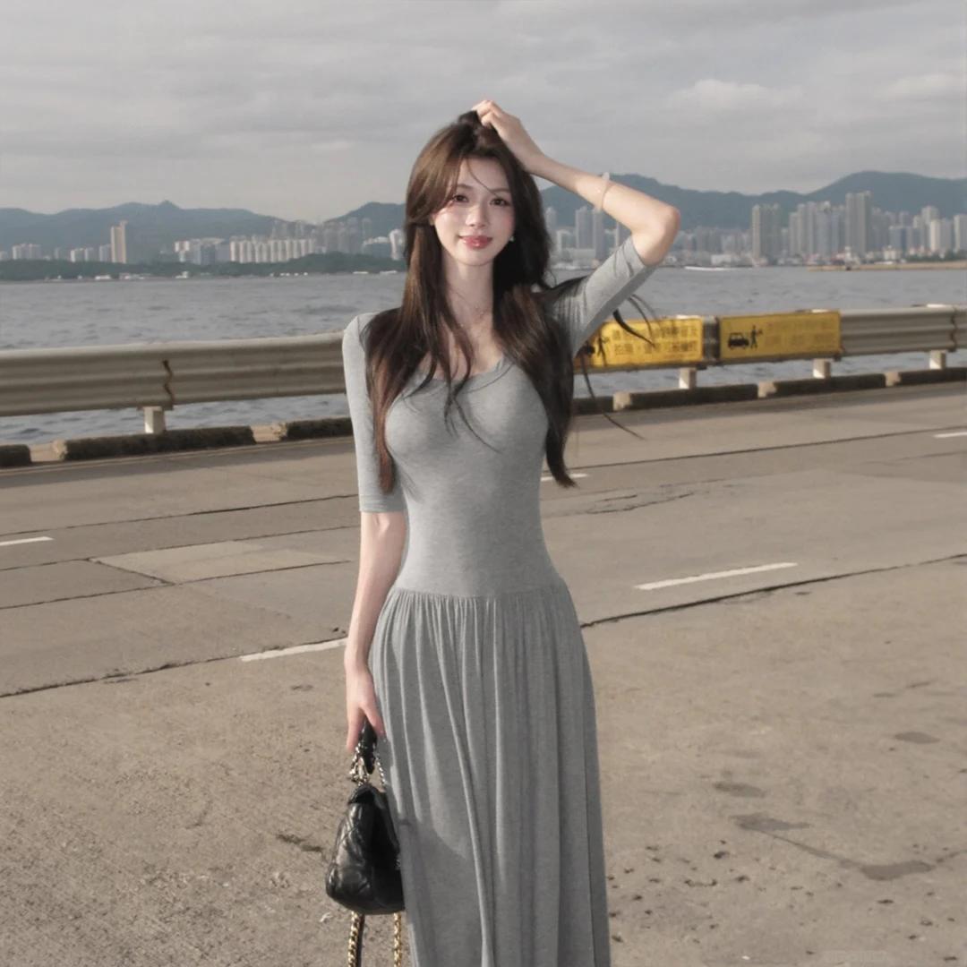 Gray Slim-Fit Short-Sleeved Long Dress: Women s Summer 2026 High-End Style Large