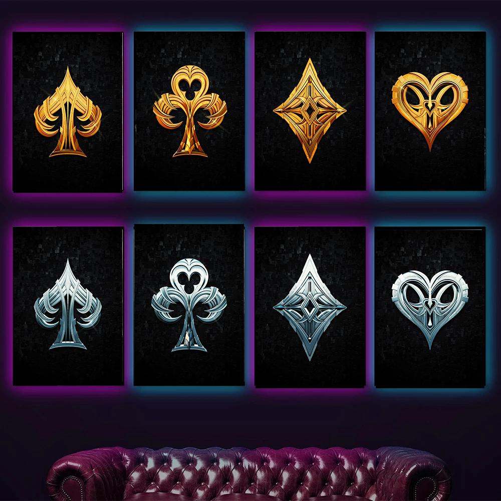 Gold And Silver Poker Suits Prints Poster Canvas Painting Hd Modern Wall Art Pictures Living Room Bedroom Chess Room Home Decor